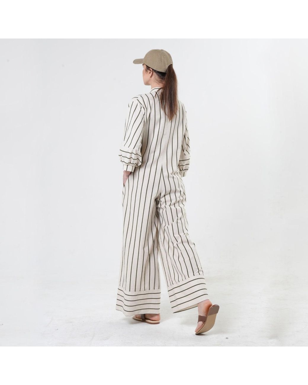 Metamorph White Maxi Jumpsuit On Khaki Stripes