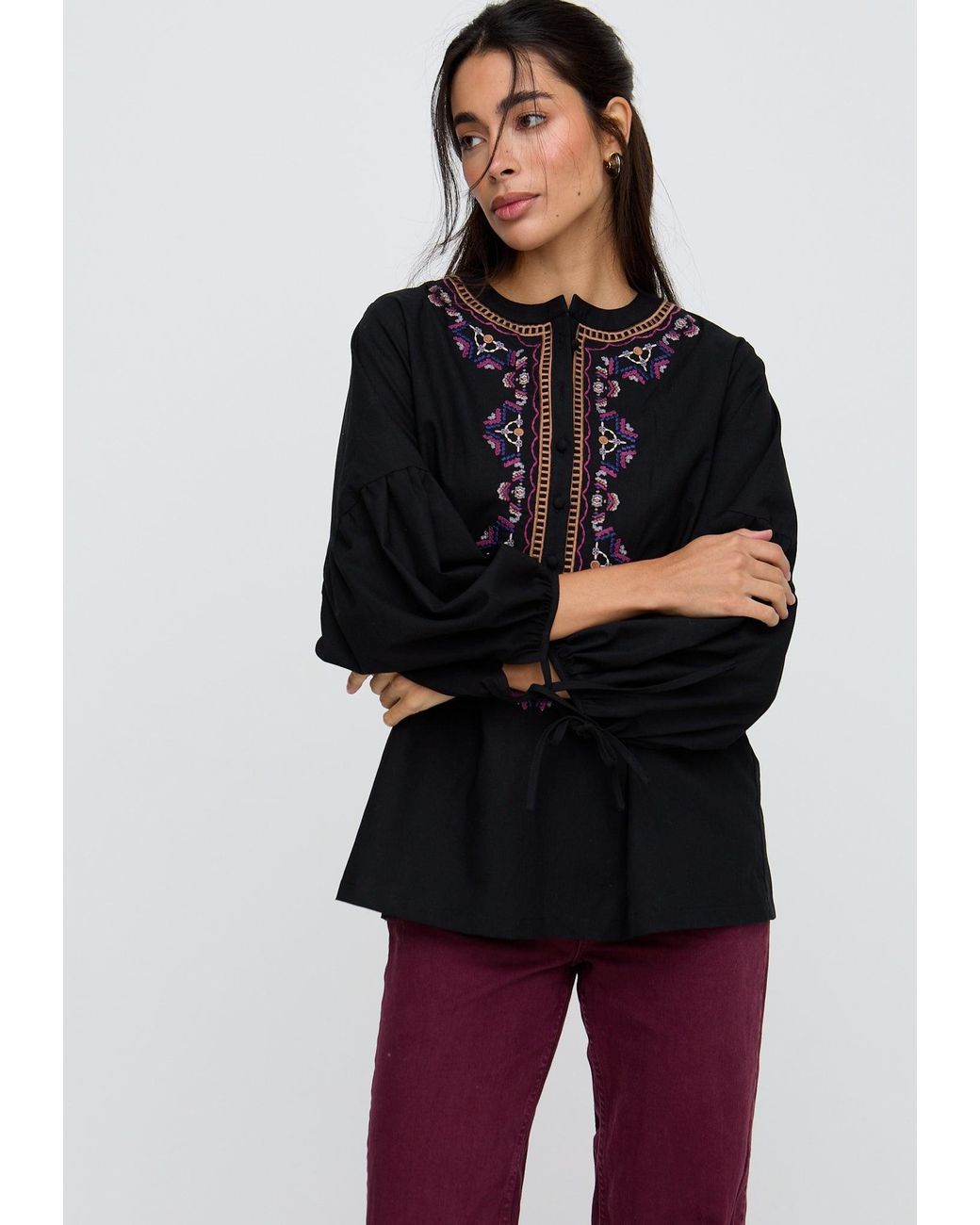 Raffya Black Anai Half Placket Embroidered Blouse