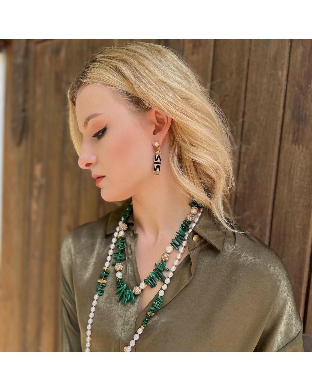 Farra Green Malachite With Freshwater Pearls And Rhinestones Statement Necklace