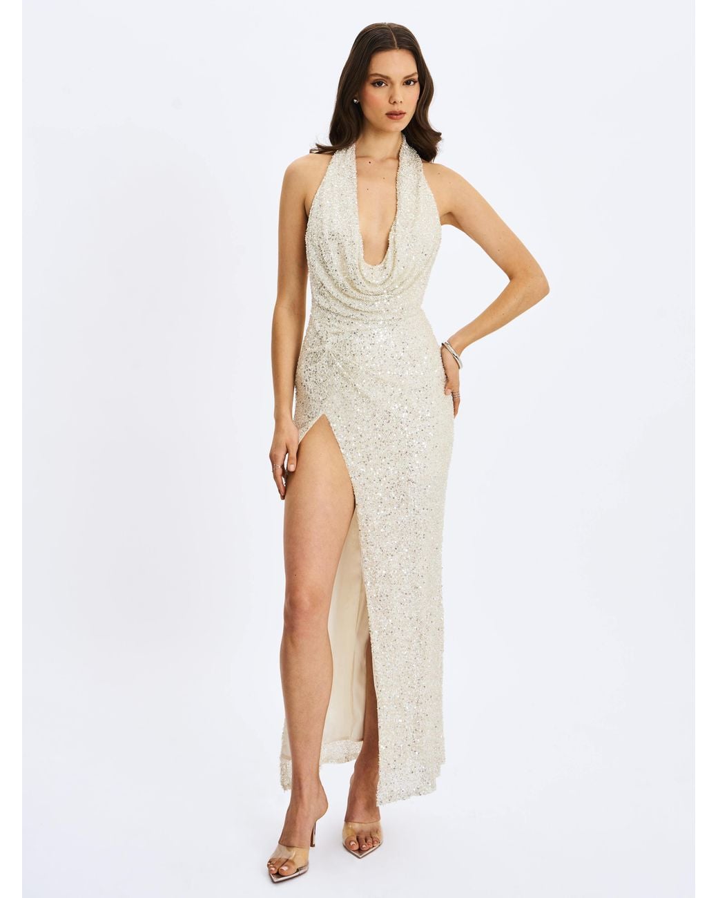 Miss Circle New York White Niamh Golden Beaded Cowl Halter Backless Maxi Dress