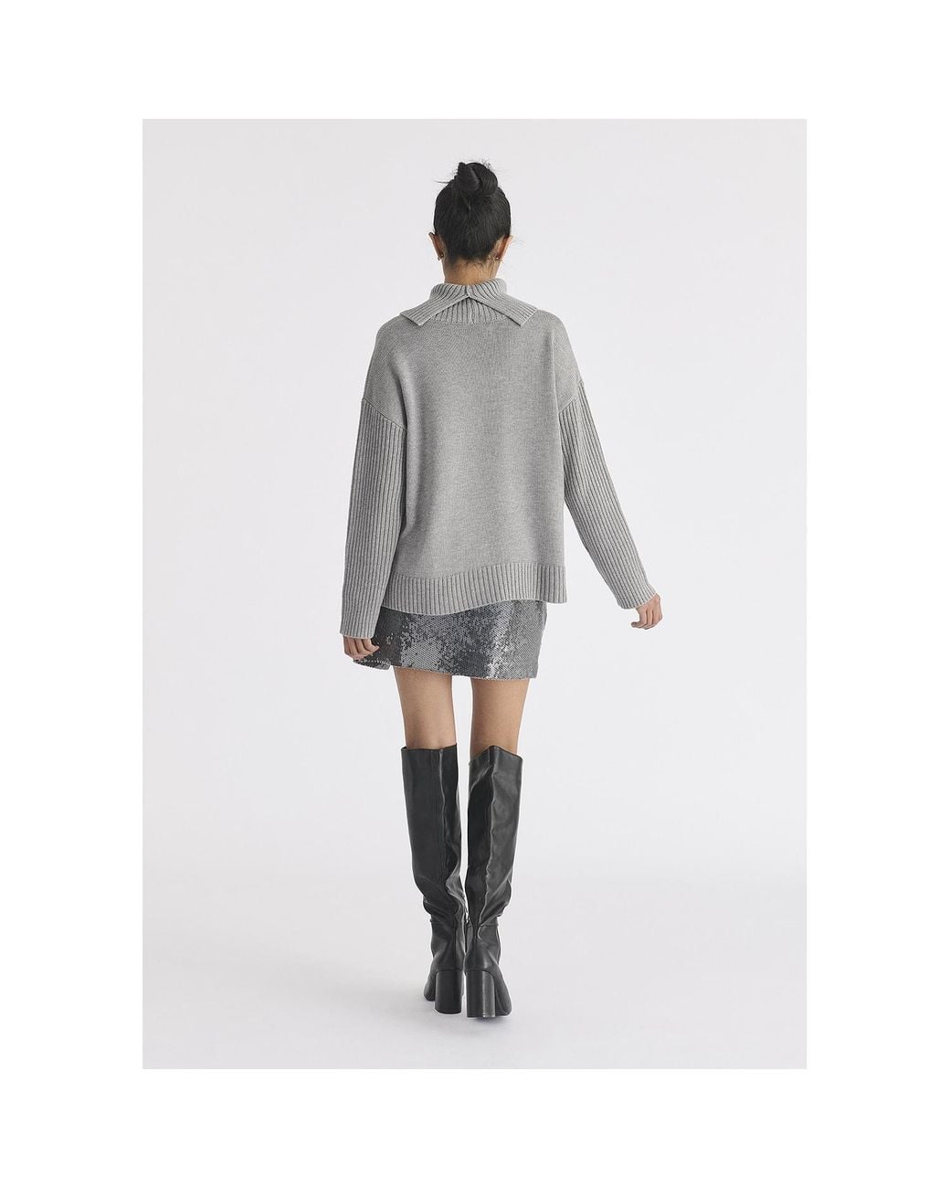 Paisie Gray Polo Neck Jumper With Ribbed Details