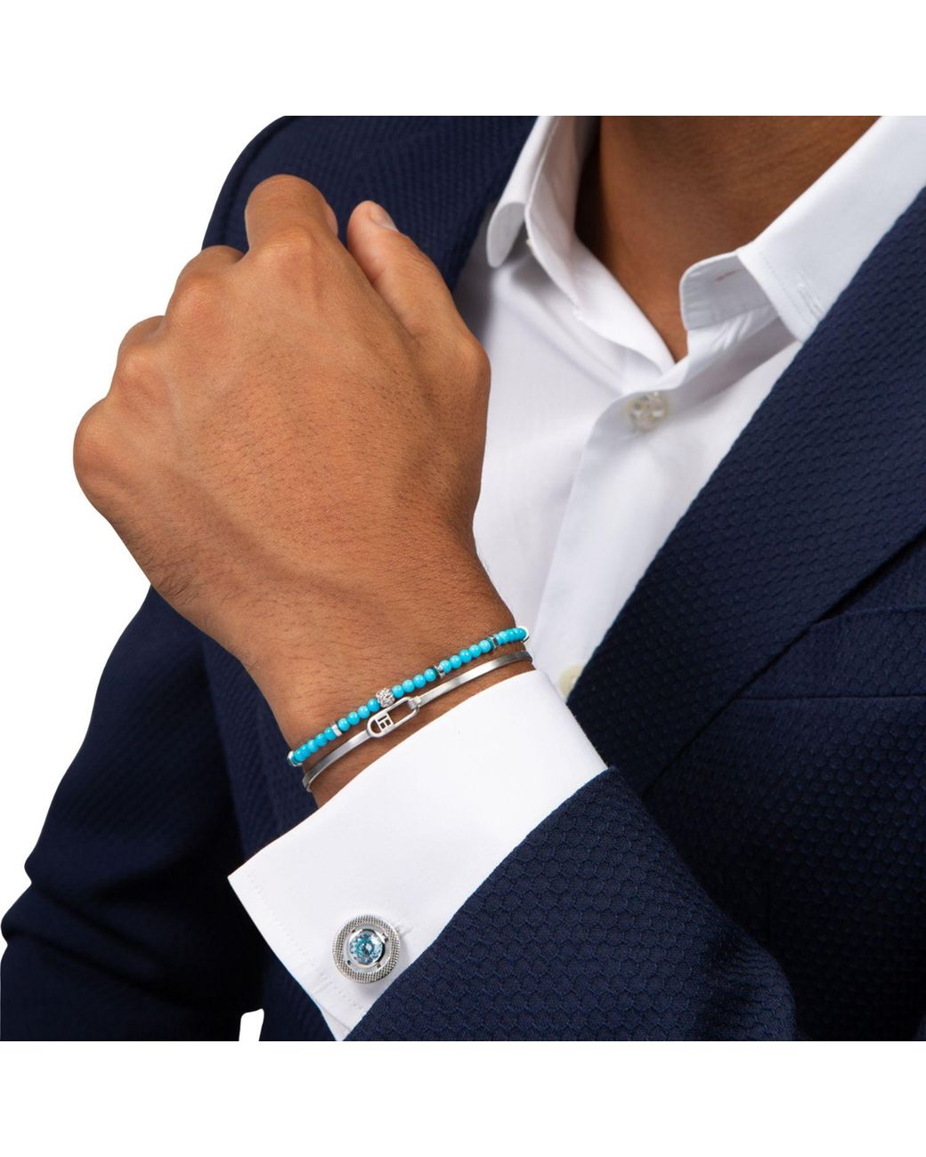Tateossian Metallic Halo Round Cz Cufflinks With Aquamarine & Rhodium Plated for men