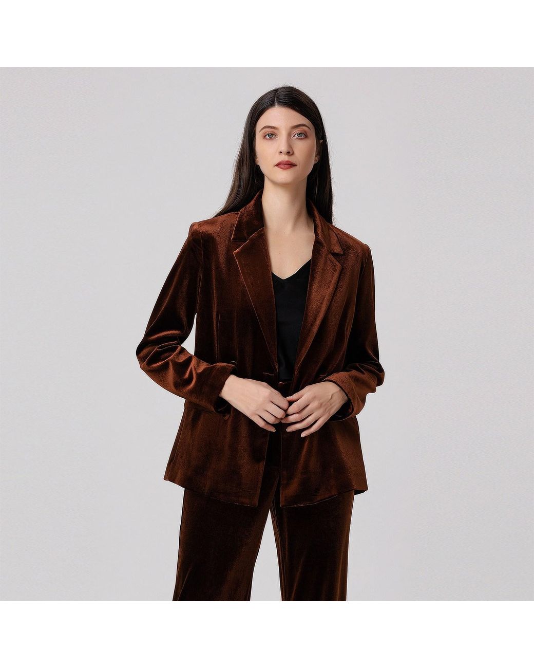 Smart and Joy Brown Double Breasted Velvet Suit Blazer