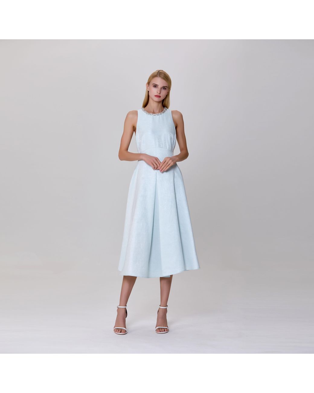 Smart and Joy Blue Fit-And-Flare Collar Trim Textured Jacquard Dress