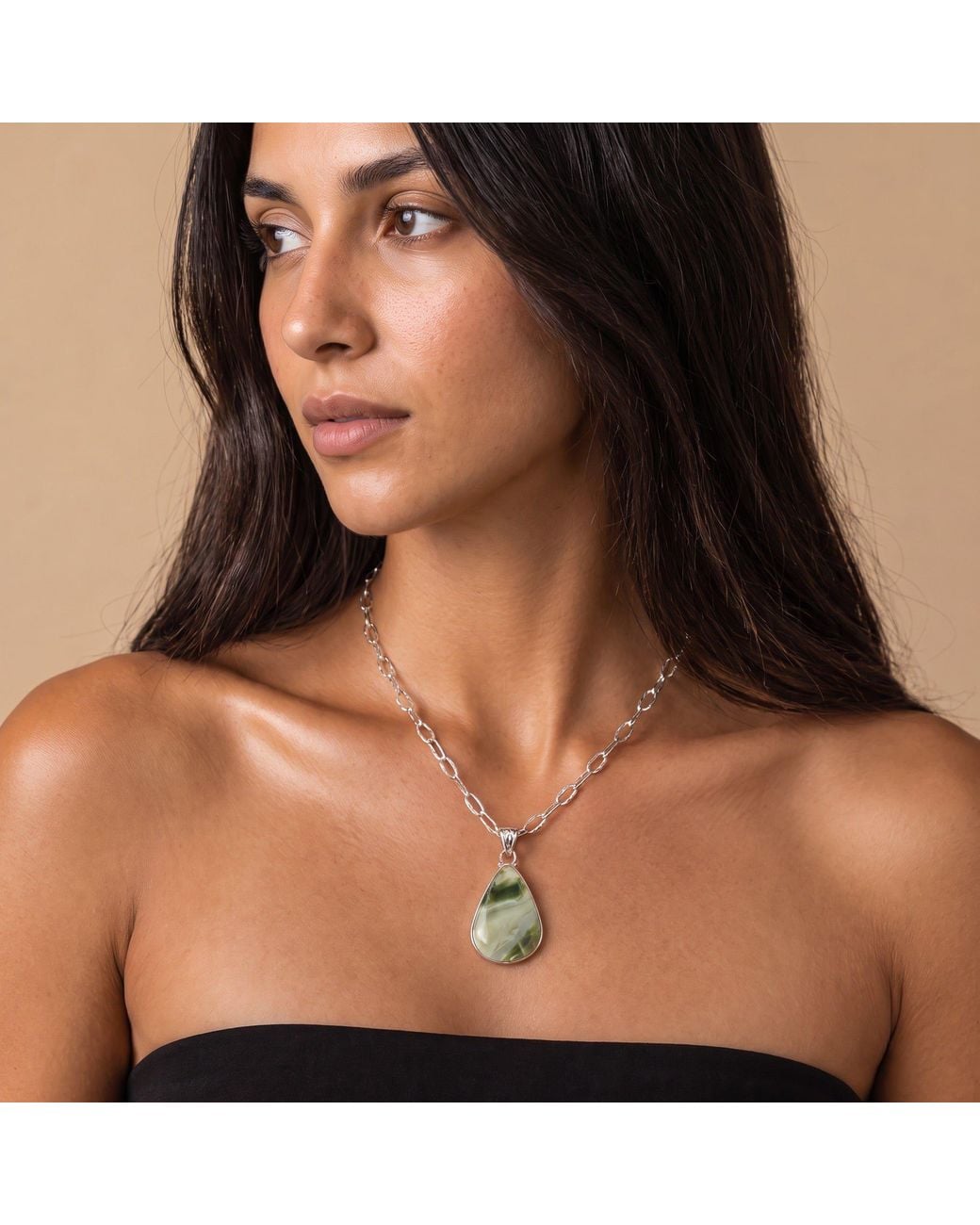 Saéa Green Sage And Cream Serpentine Teardrop Pendant Necklace On Leather Cord