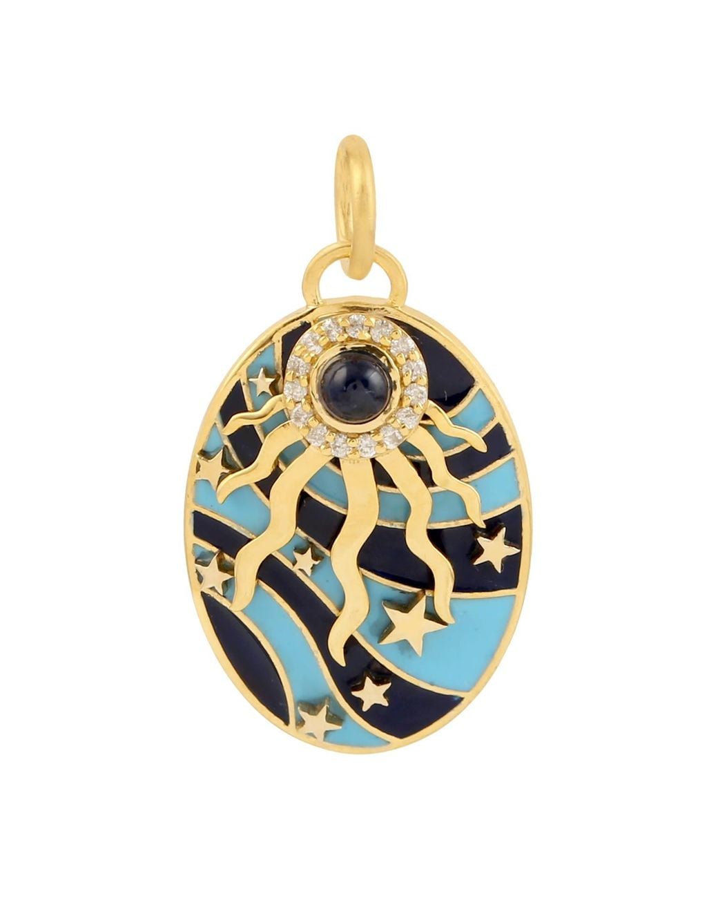 Artisan Metallic Natural Blue Sapphire Handmade Pendant 14k Yellow Gold Diamond