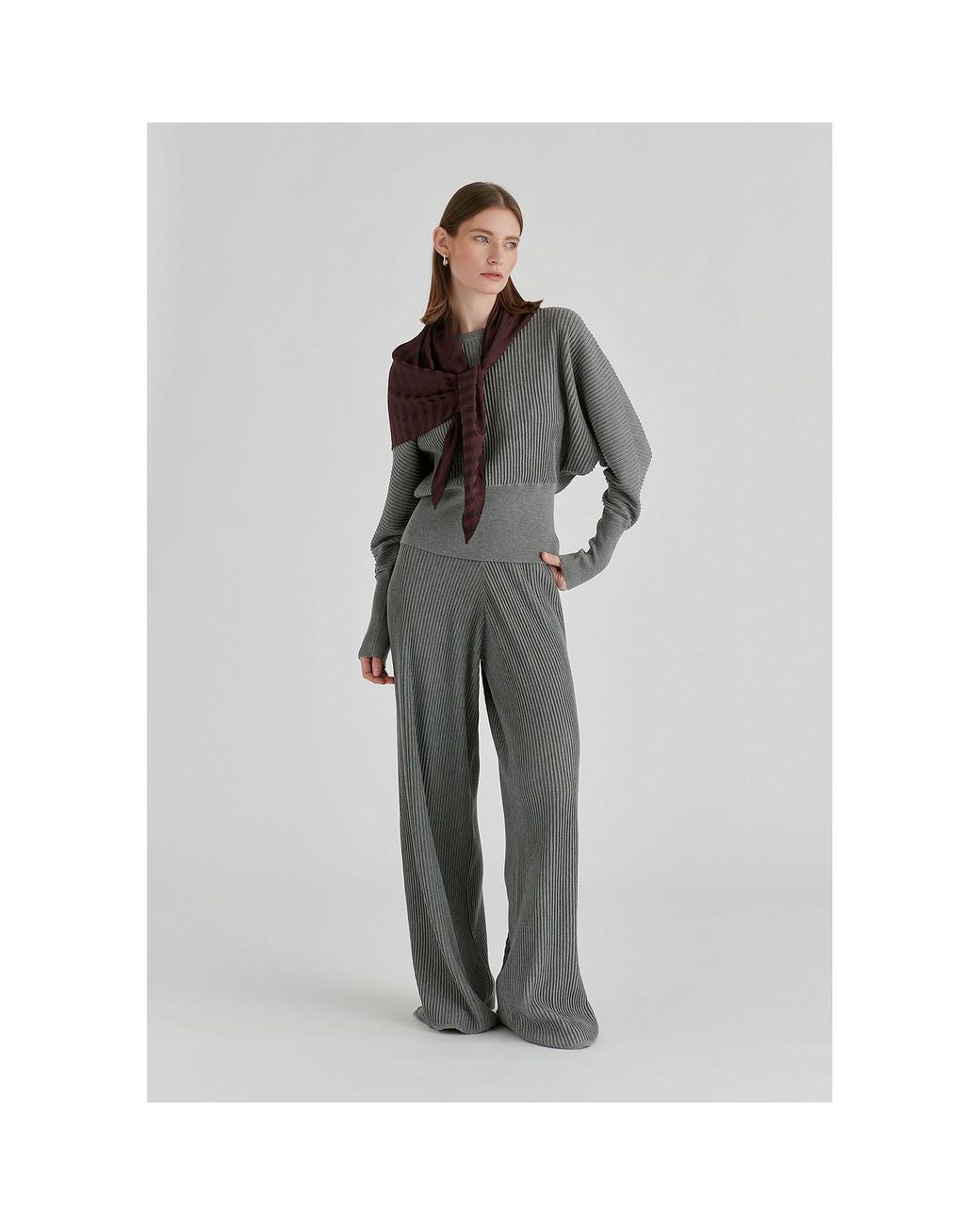 Paisie Gray Ribbed Trousers With Wide Waistband
