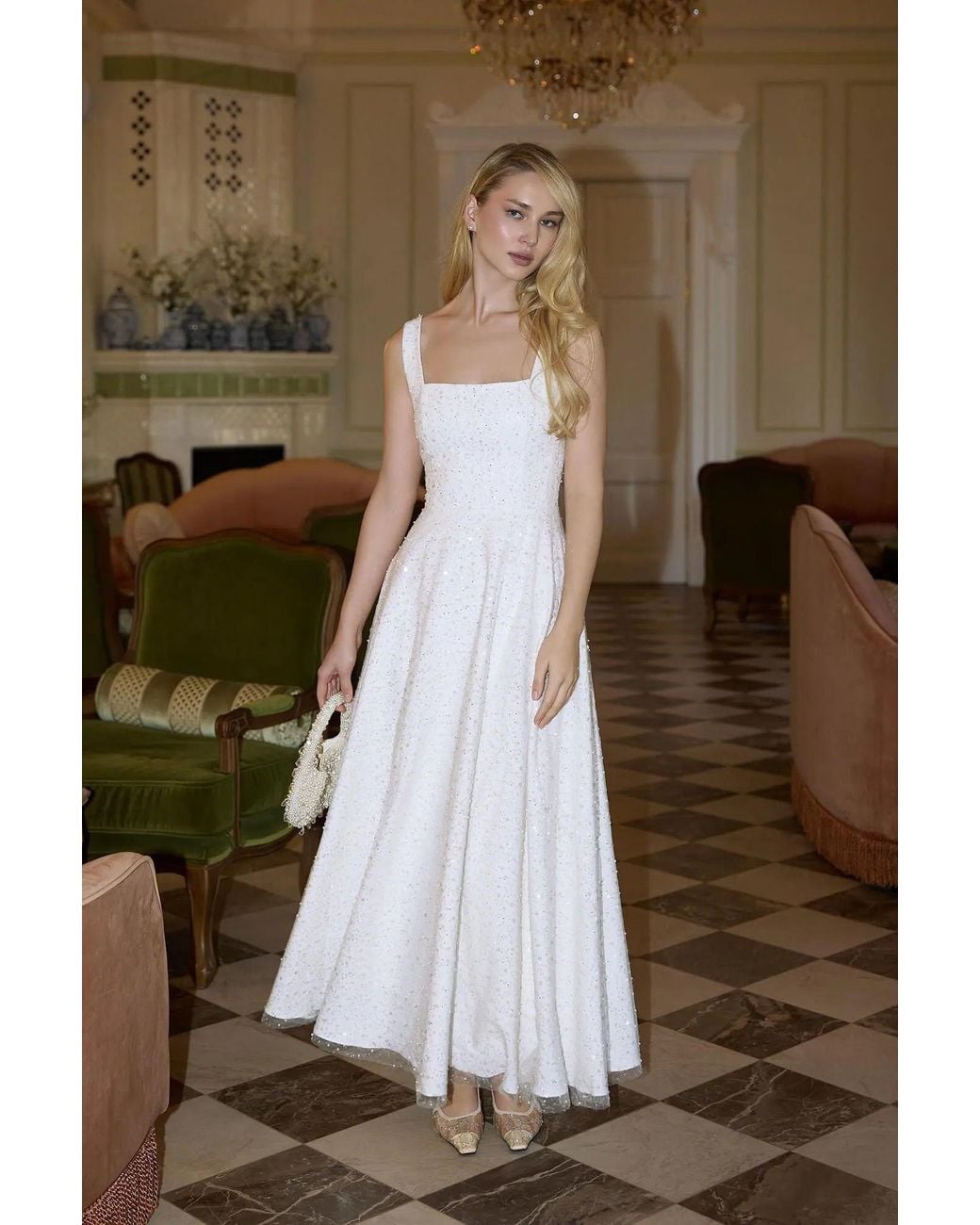POST MERIDIEM White Midi Dress Embroidered With Sequins And Beads