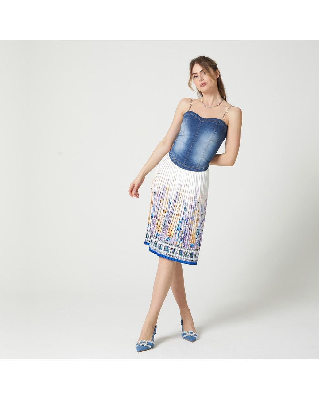 Lalipop Design Blue Floral-Print Pleated Recycled Fabric Knee-Length Skirt