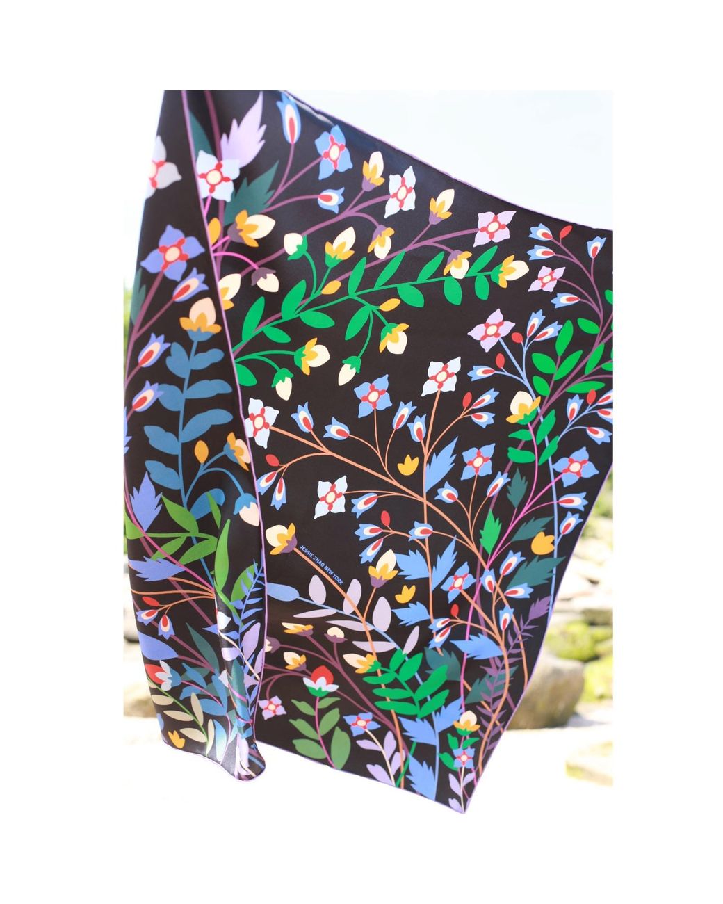 Jessie Zhao New York Black Double Sided Silk Scarf Of Night Garden