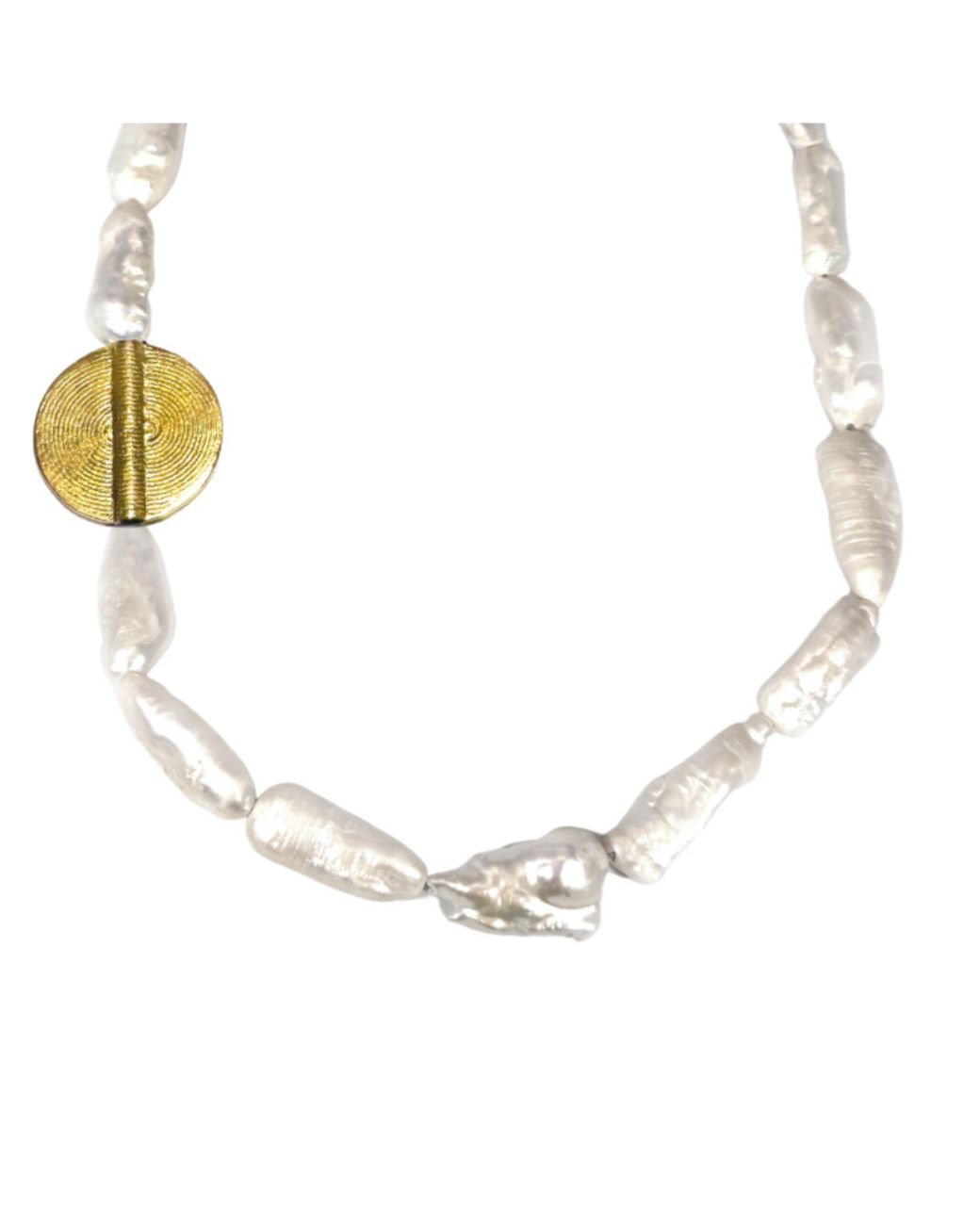 Rachel Nathan Metallic Neutrals Biwa Pearl & Brass Medallion Necklace