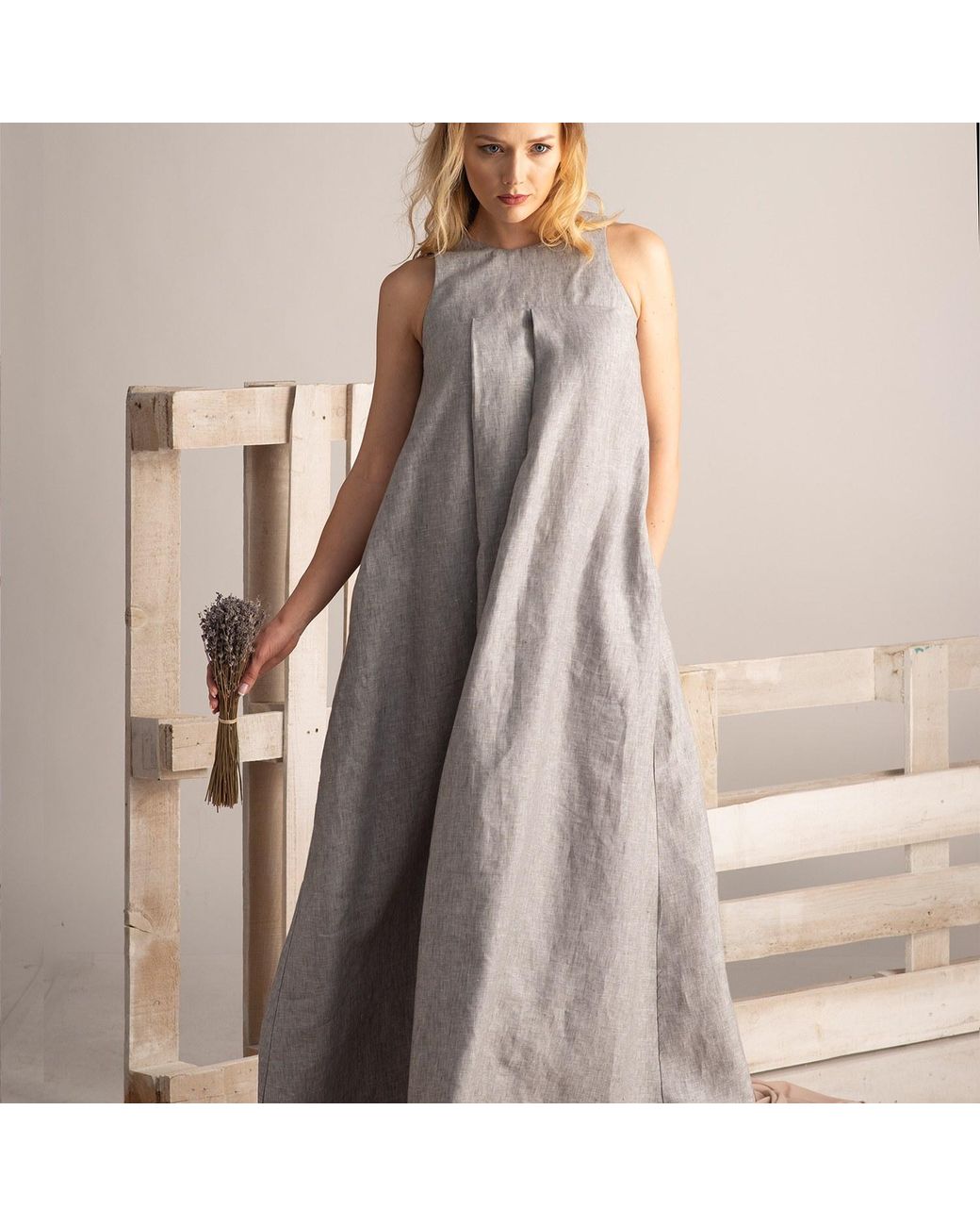 Nikka Place Gray Oversized Linen Kaftan Dress With Pockets