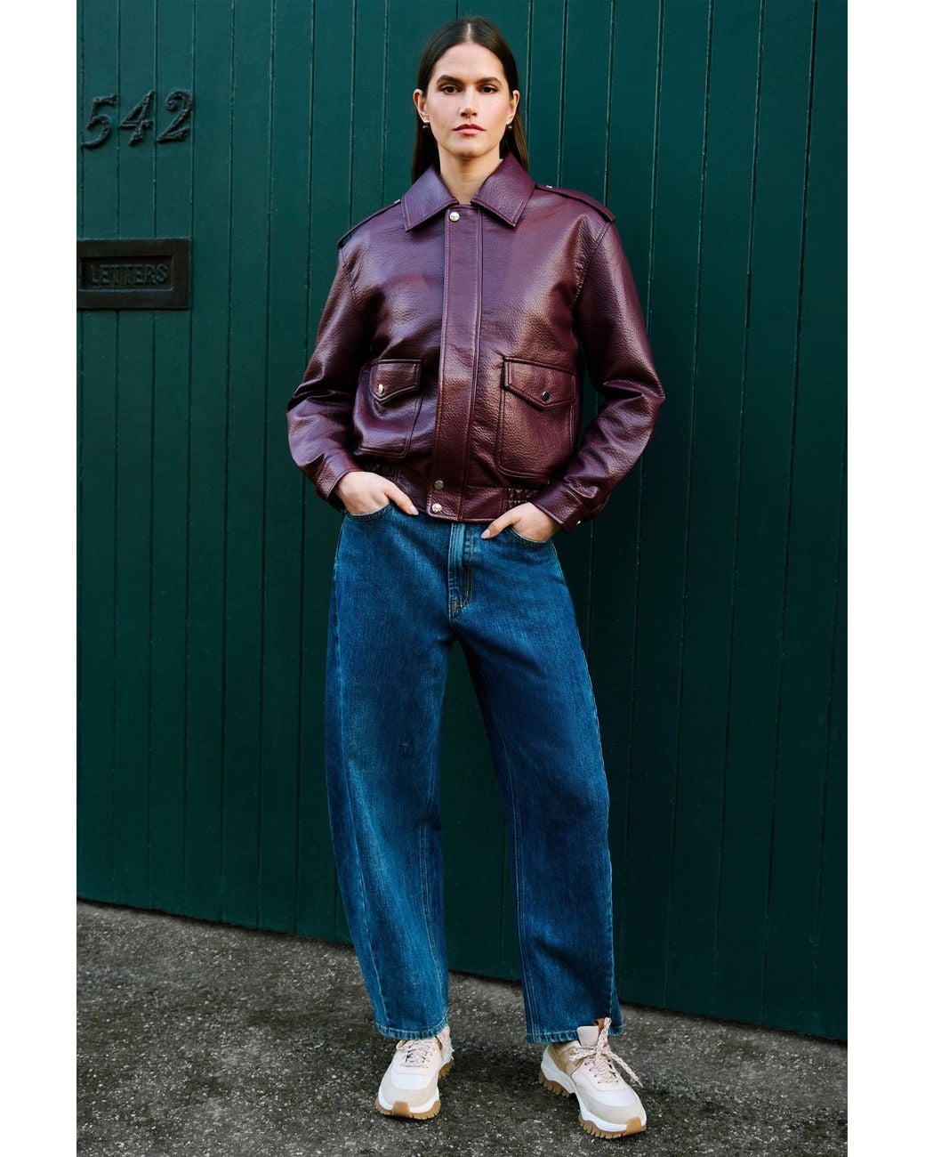 Yumi' Purple Burgundy Faux Leather Bomber Jacket