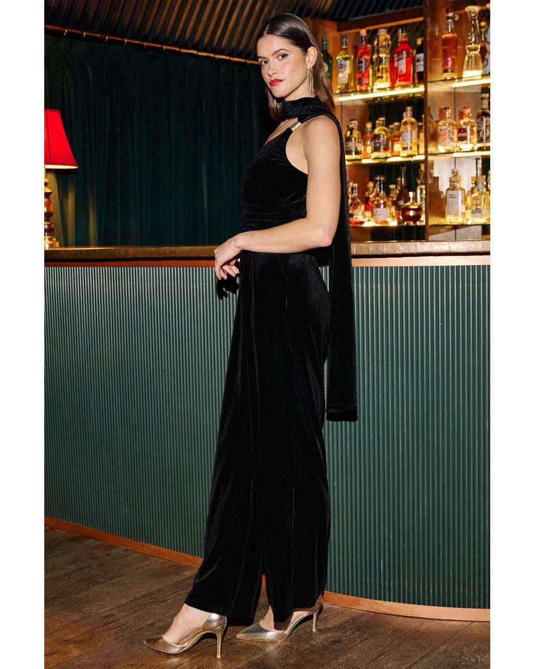 Yumi' Black Velvet One Shoulder Jumpsuit With Scarf