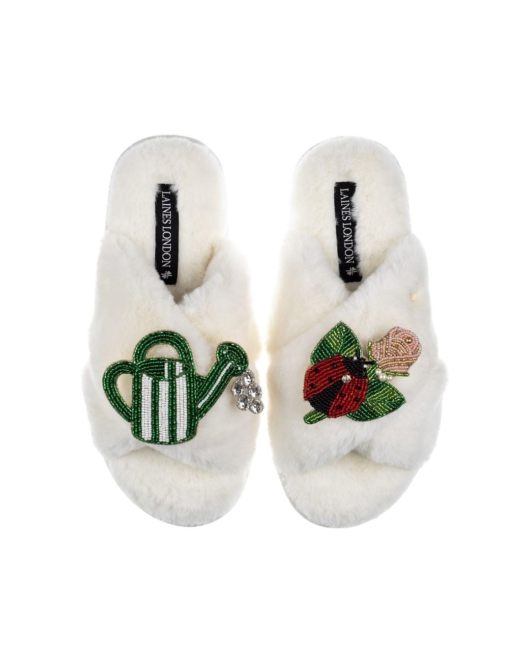 Laines London White Neutrals Classic Laines Slippers With The English Garden Brooches