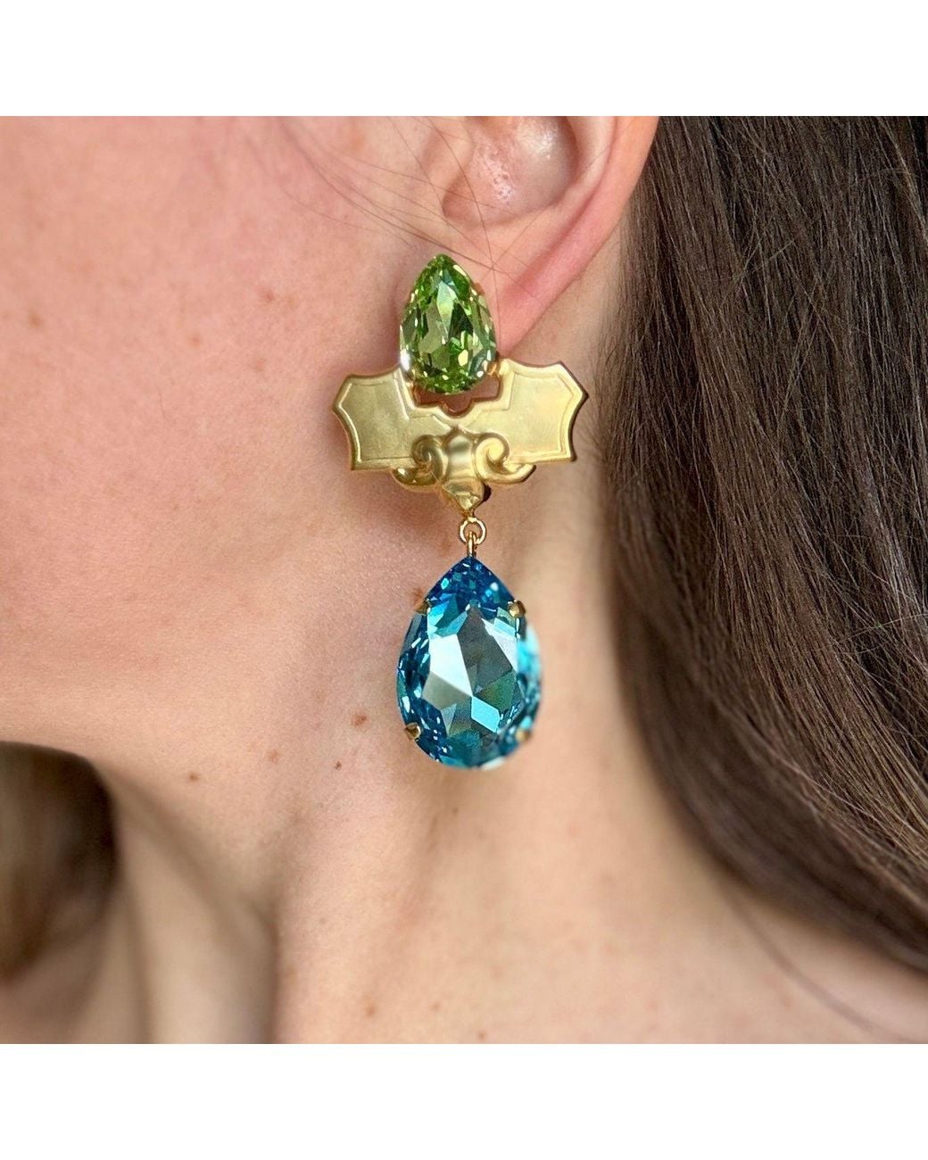 Laura Gray Blue Large Aqua & Crystal Drop Post Earrings