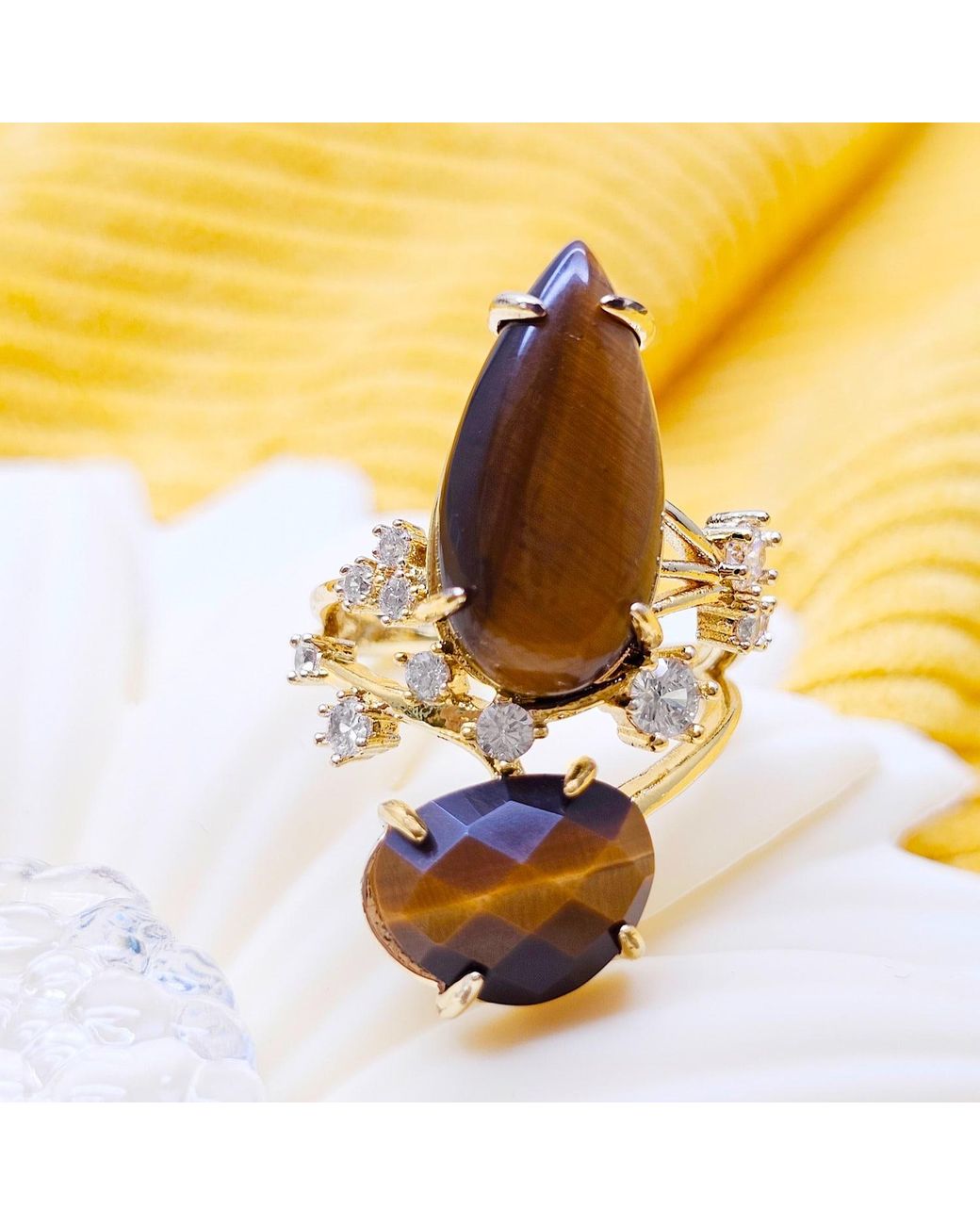 Farra Metallic Tiger-Eye Stone With Zircon Cocktail Ring