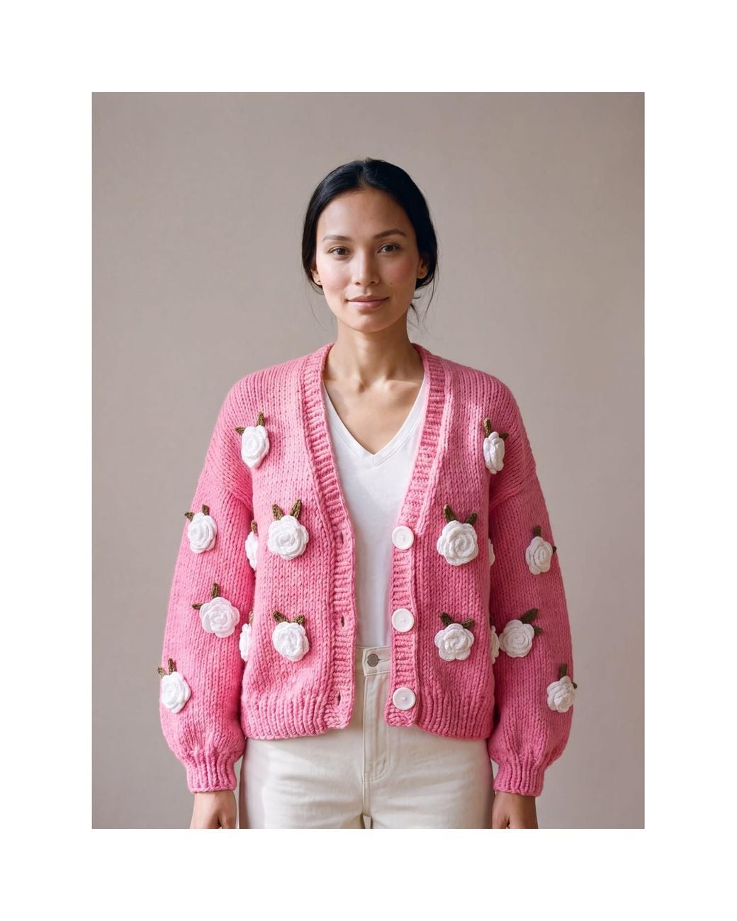 Ana Chic Red Rose Handmade Knitted Cardigan
