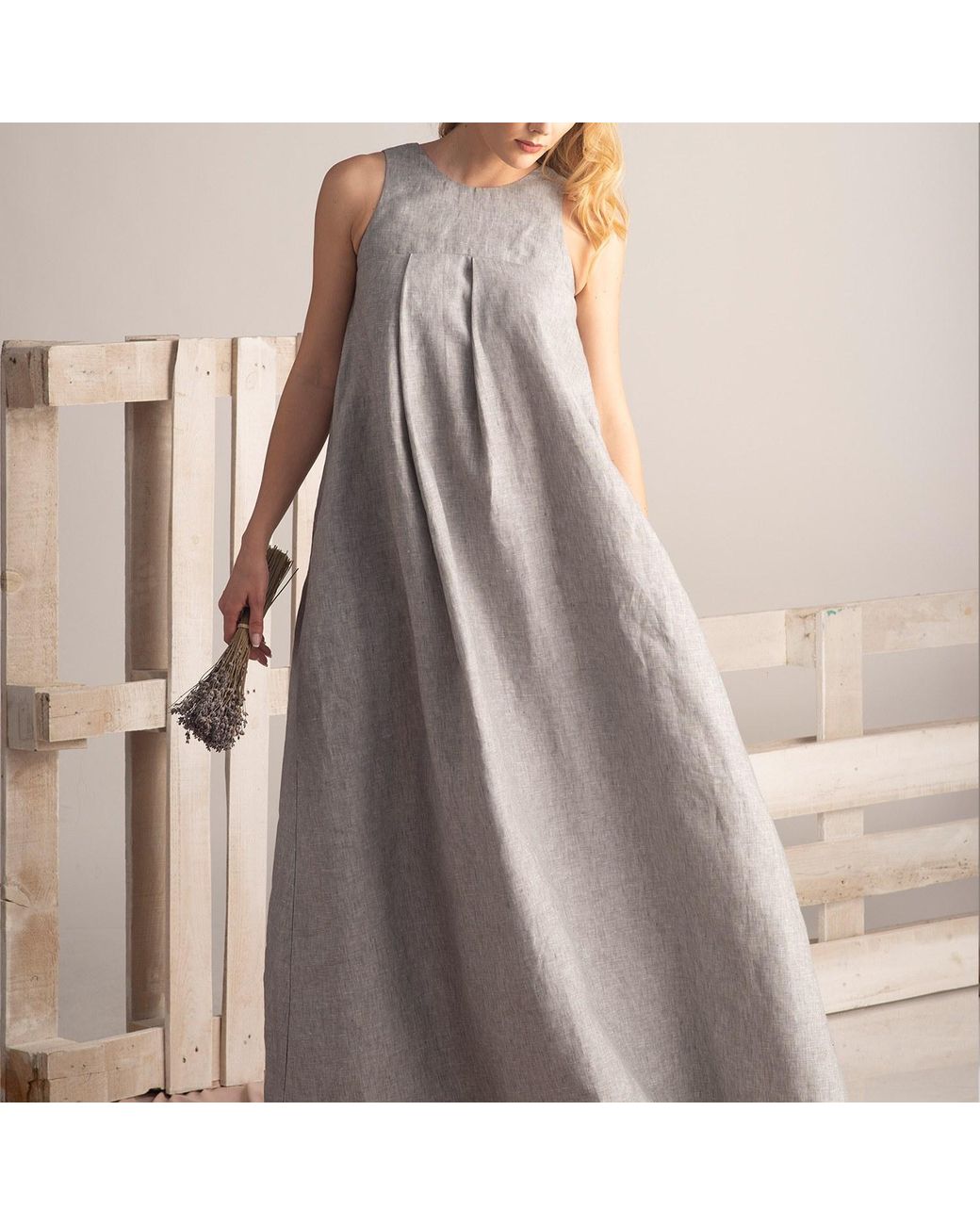 Nikka Place Gray Oversized Linen Kaftan Dress With Pockets