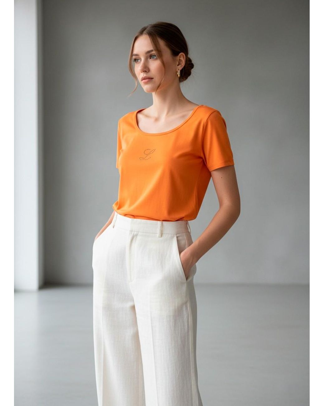 Conquista Orange Scoop-Neck Cotton T-Shirt With Studded Detail