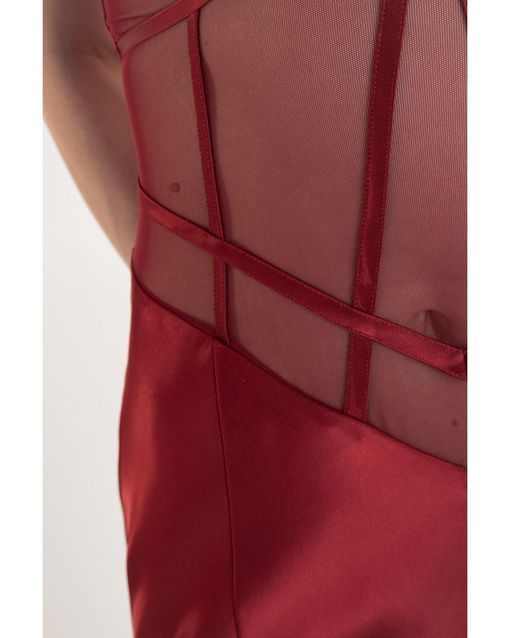 Clerestory Red Amarante Satin Bias Mesh-Waist Maxi Dress