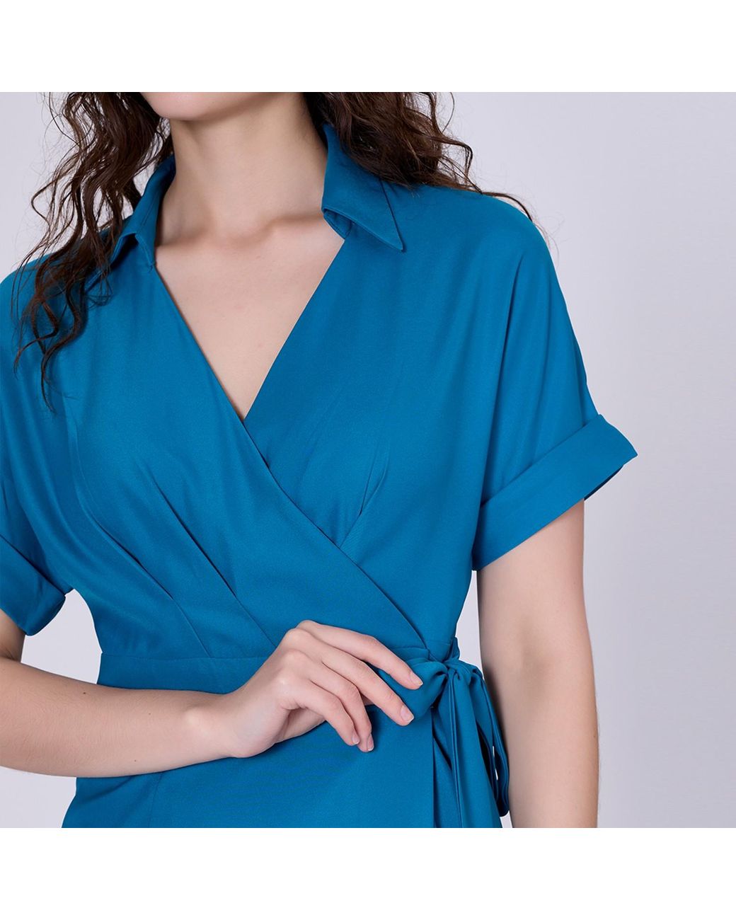 Smart and Joy Blue Wrap Minimalist Dress And Italian Collar