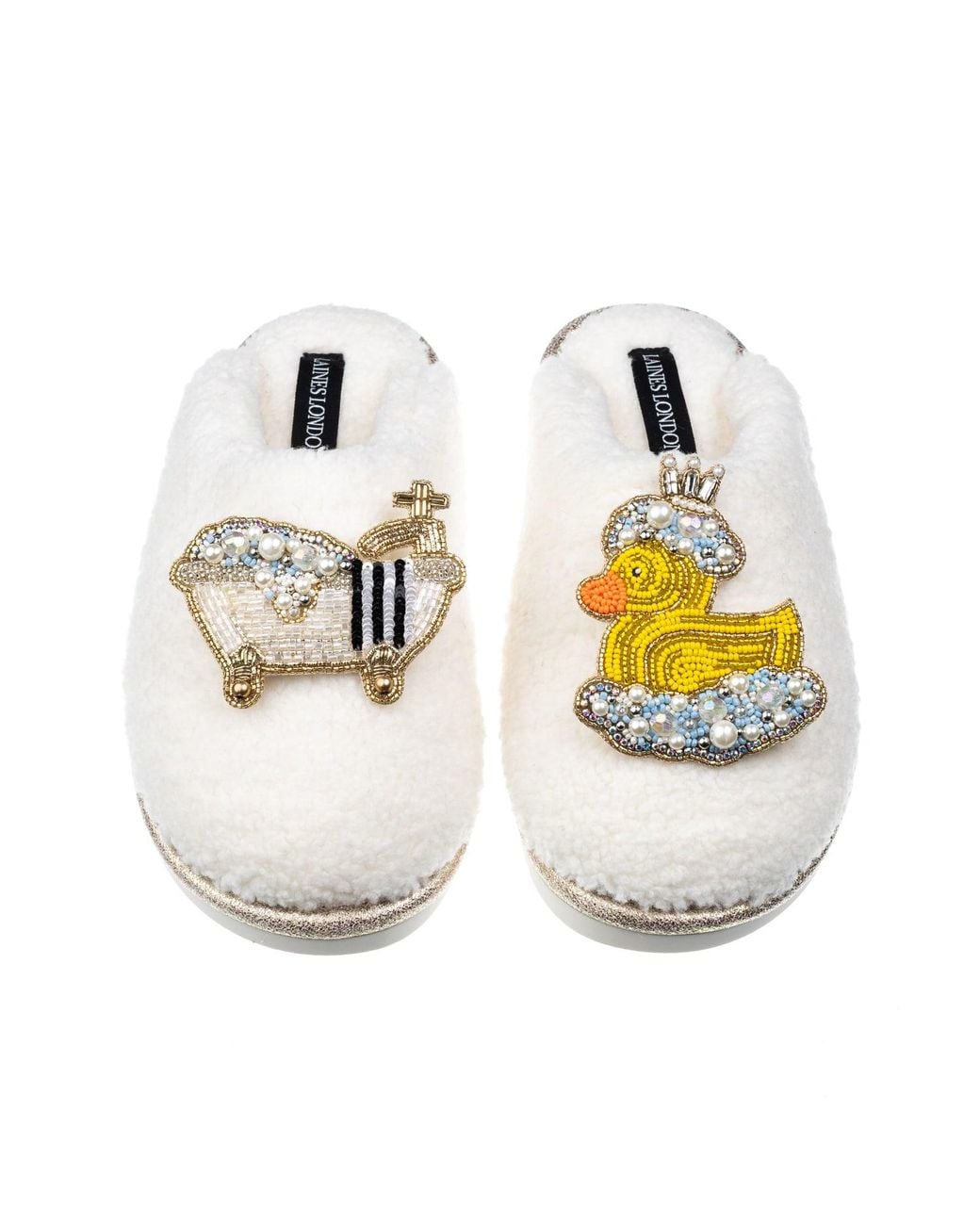Laines London Metallic Neutrals Teddy Closed Toe Slippers With Rubber Duck Bath Queen Brooches