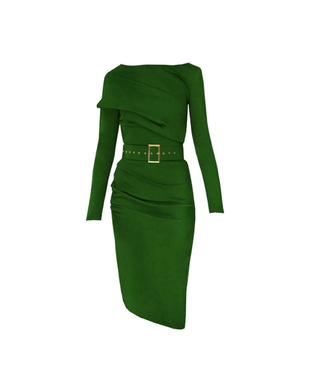 ALINA CERNĂTESCU Green Slide Midi Cocktail Dress With Asymmetric Skirt And Textile Belt