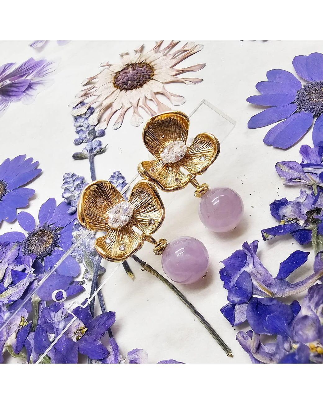 Farra Metallic Amethyst Dangle With Flower Stud Earrings