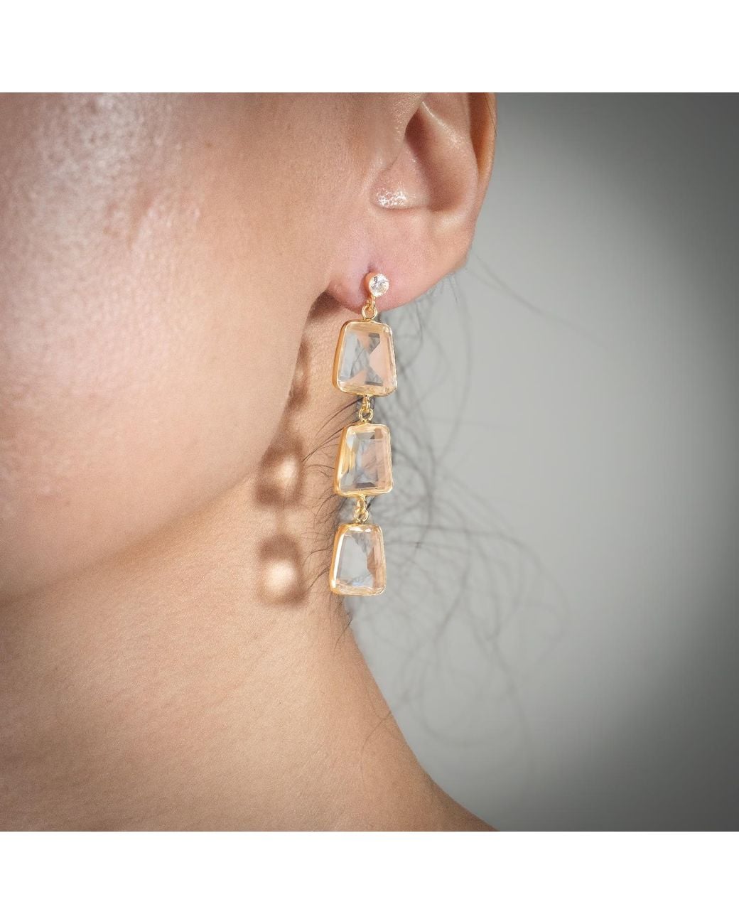 Rare Matters Jewelry Metallic Prism Ladder Clear Glass Triple Drop Earrings