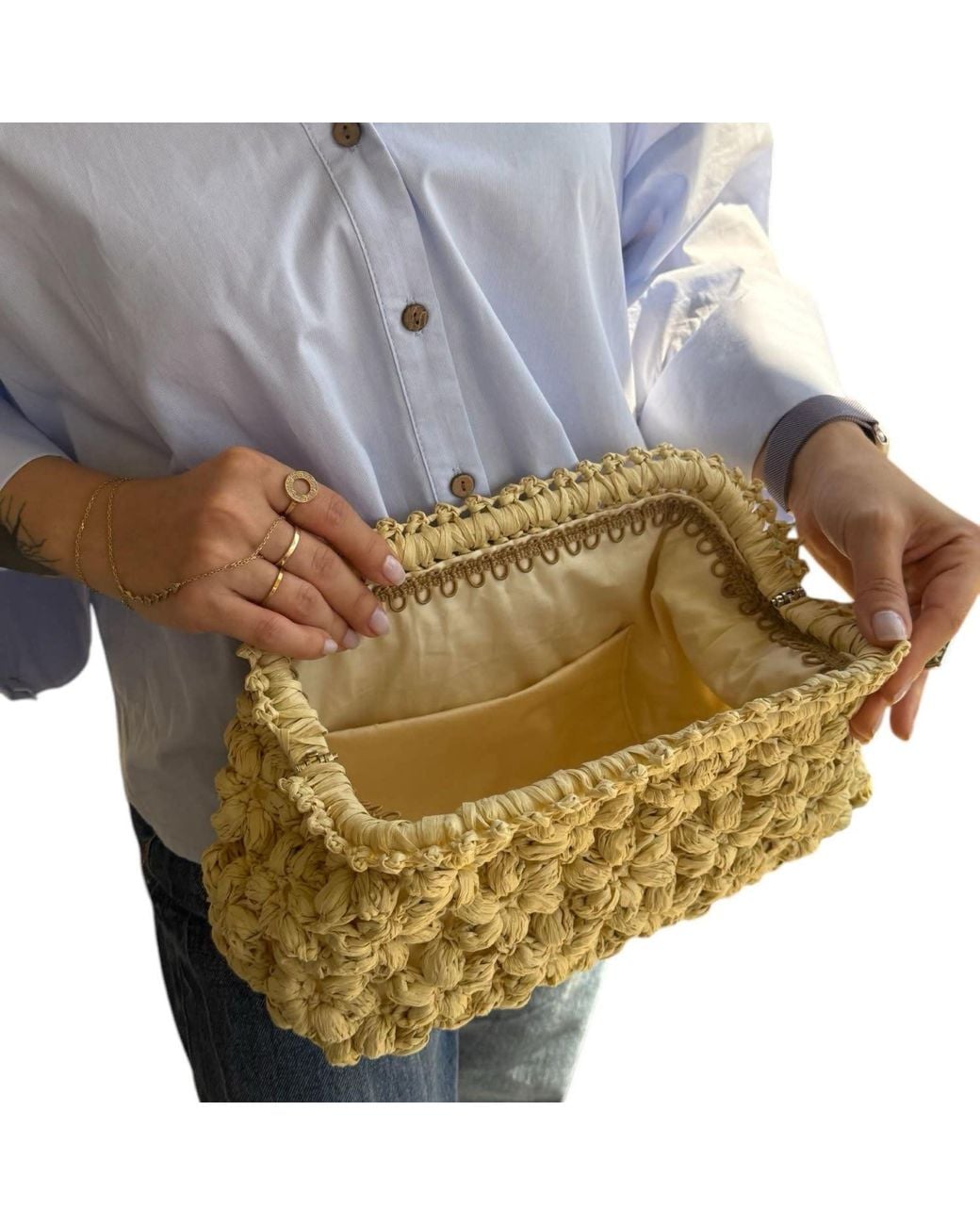 Springmoonatelier Natural Neutrals Handmade Cream Raffia Clutch Bag With Floral Motifs – Elegant Spring And Summer Purse