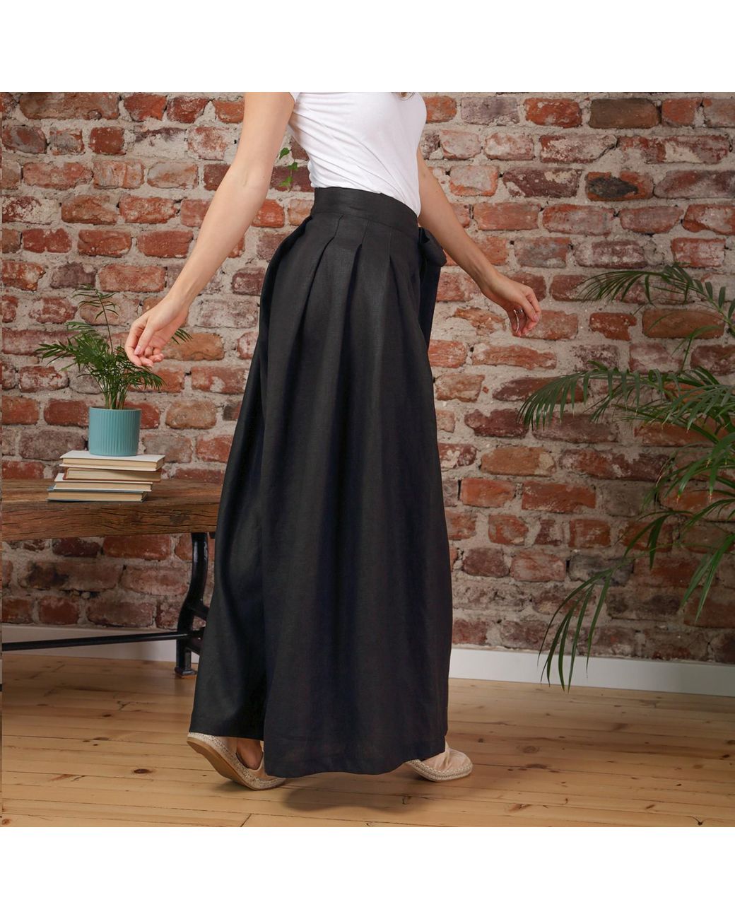 Nikka Place Black Wrap Around Wide Leg Linen Pants With Front Tie
