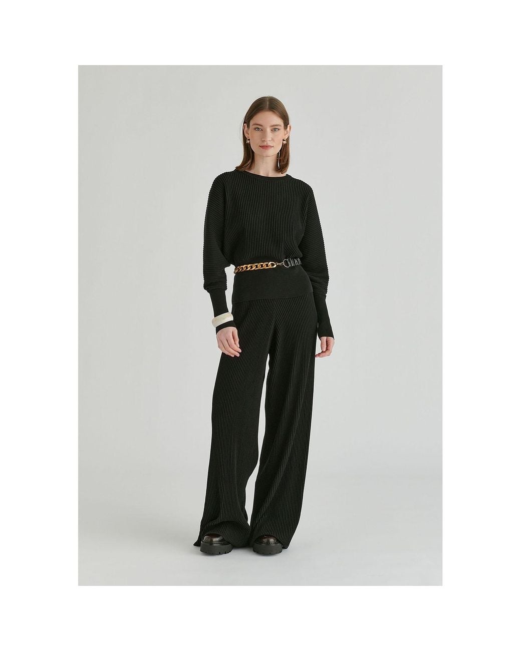 Paisie Black Ribbed Trousers With Wide Waistband