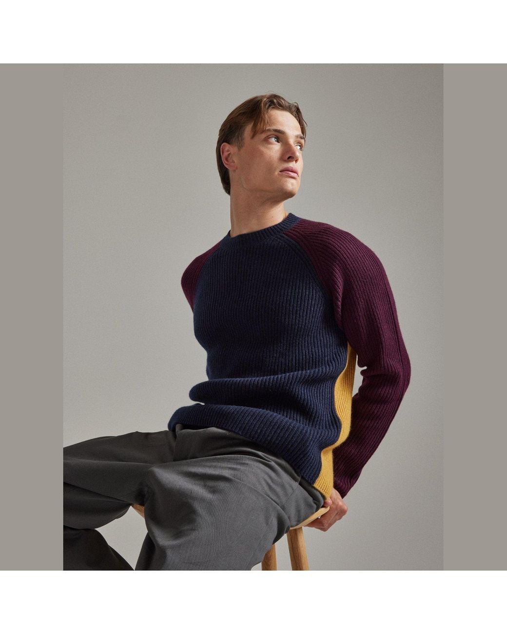 Salts Cashmere Blue Colour Block Fishermens Rib Crew Neck Sweater