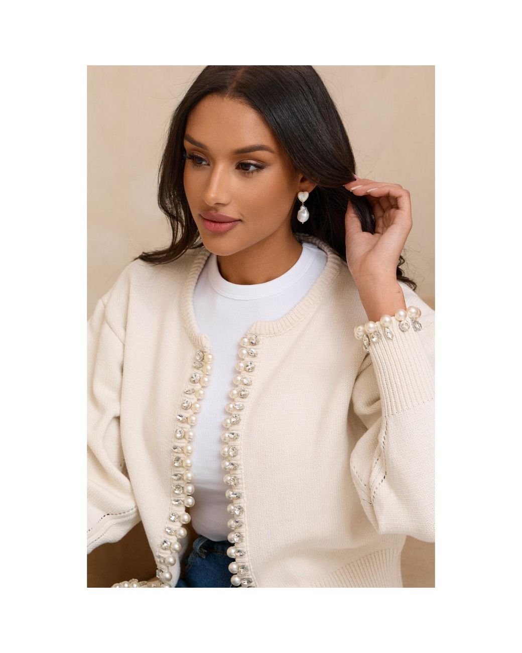 Saachi White Pearl & Crystal Trim Cardigan