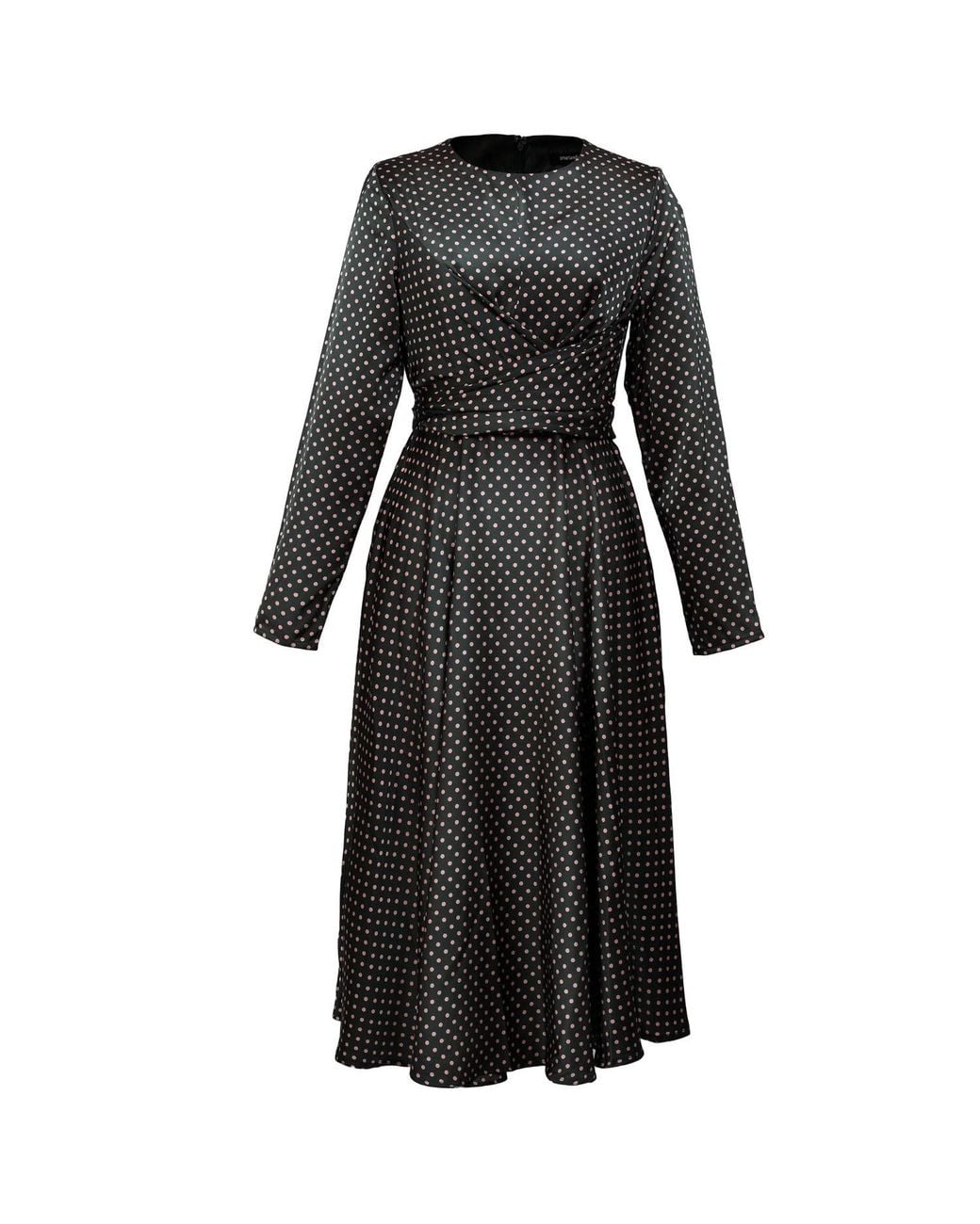 Smart and Joy Black Flared Printed Satin Dress With Side Knotted Panel