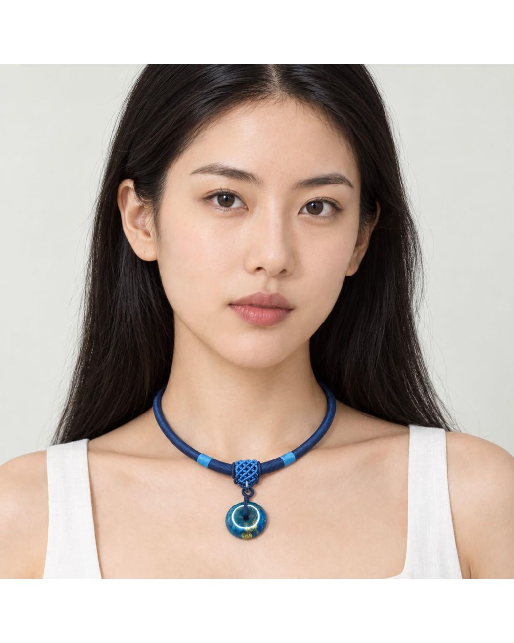 Yieon Blue Starry Lacquered Sandalwood Peace Buckle Pendant Necklace