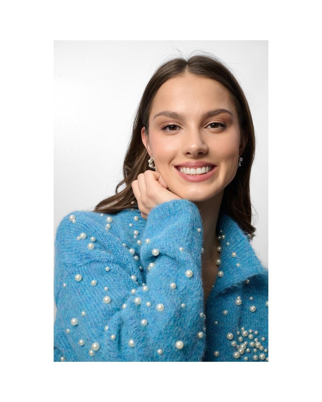 Saachi Blue Pearl Collared Open Cardigan