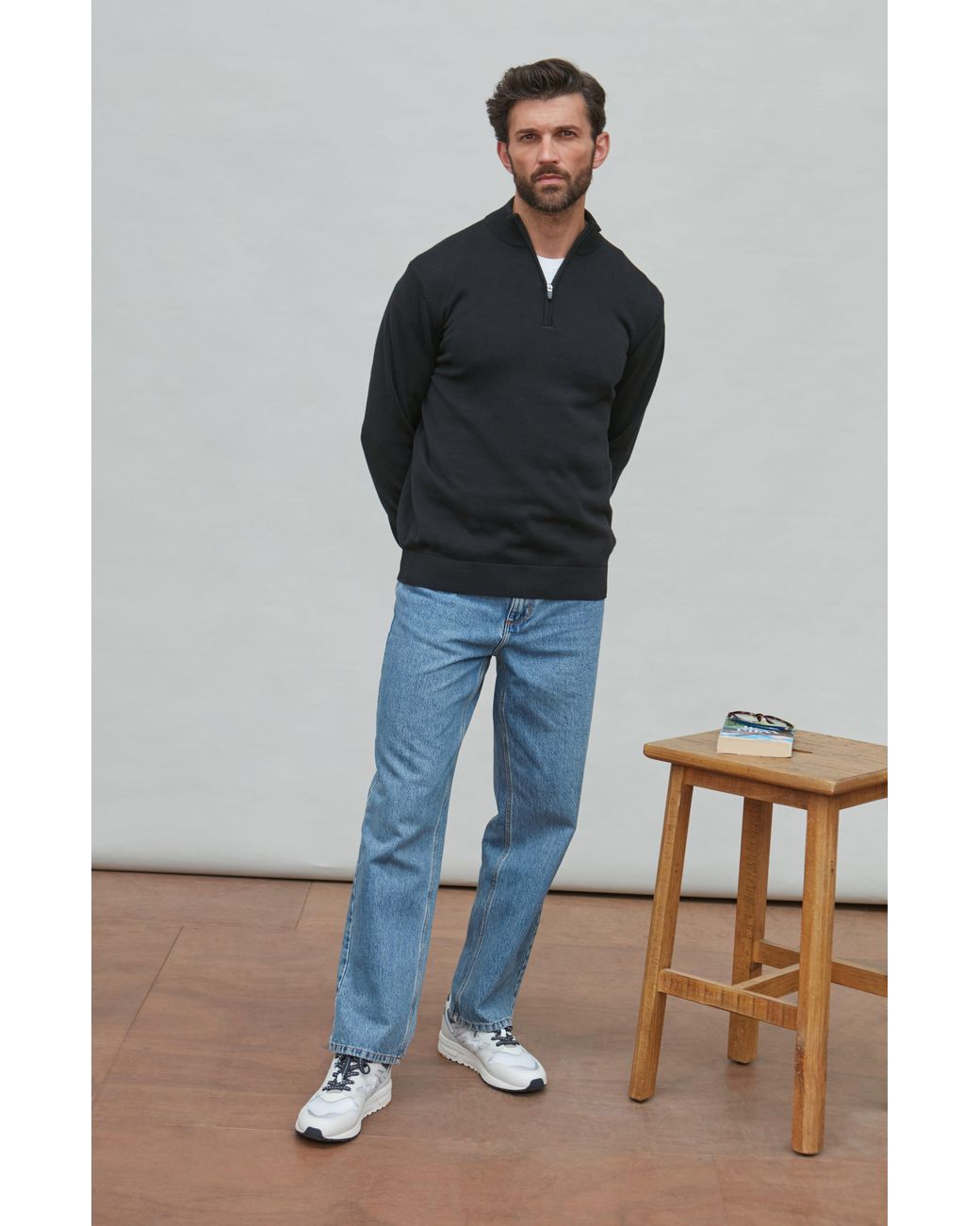 Paul James Knitwear Blue Lightweight Foster Cotton Zip Neck Jumper for men