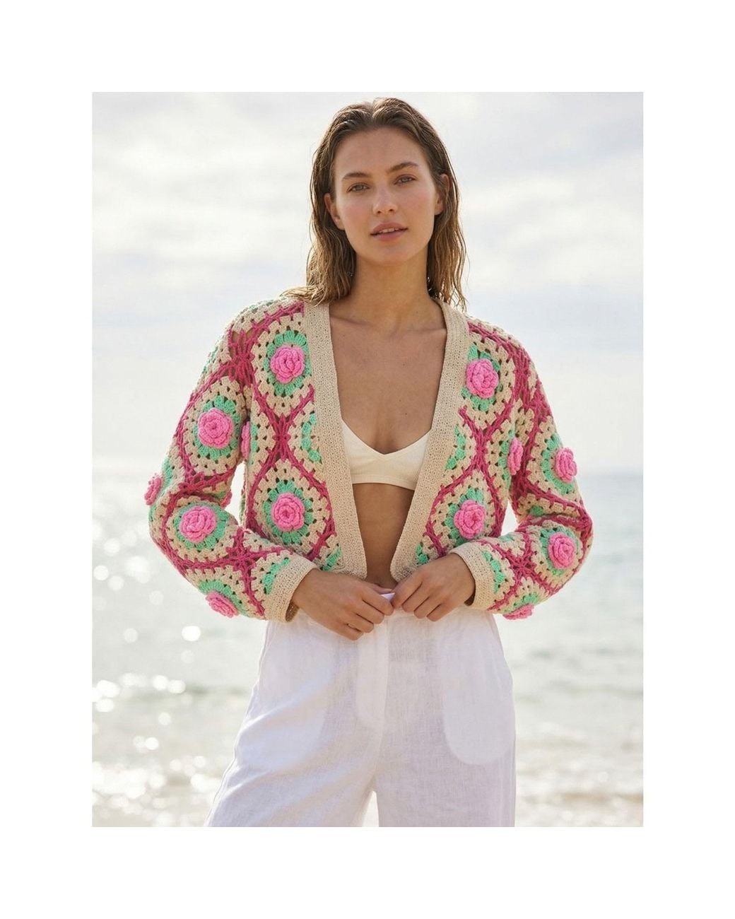 Saachi Pink Rosette Crochet Cardigan