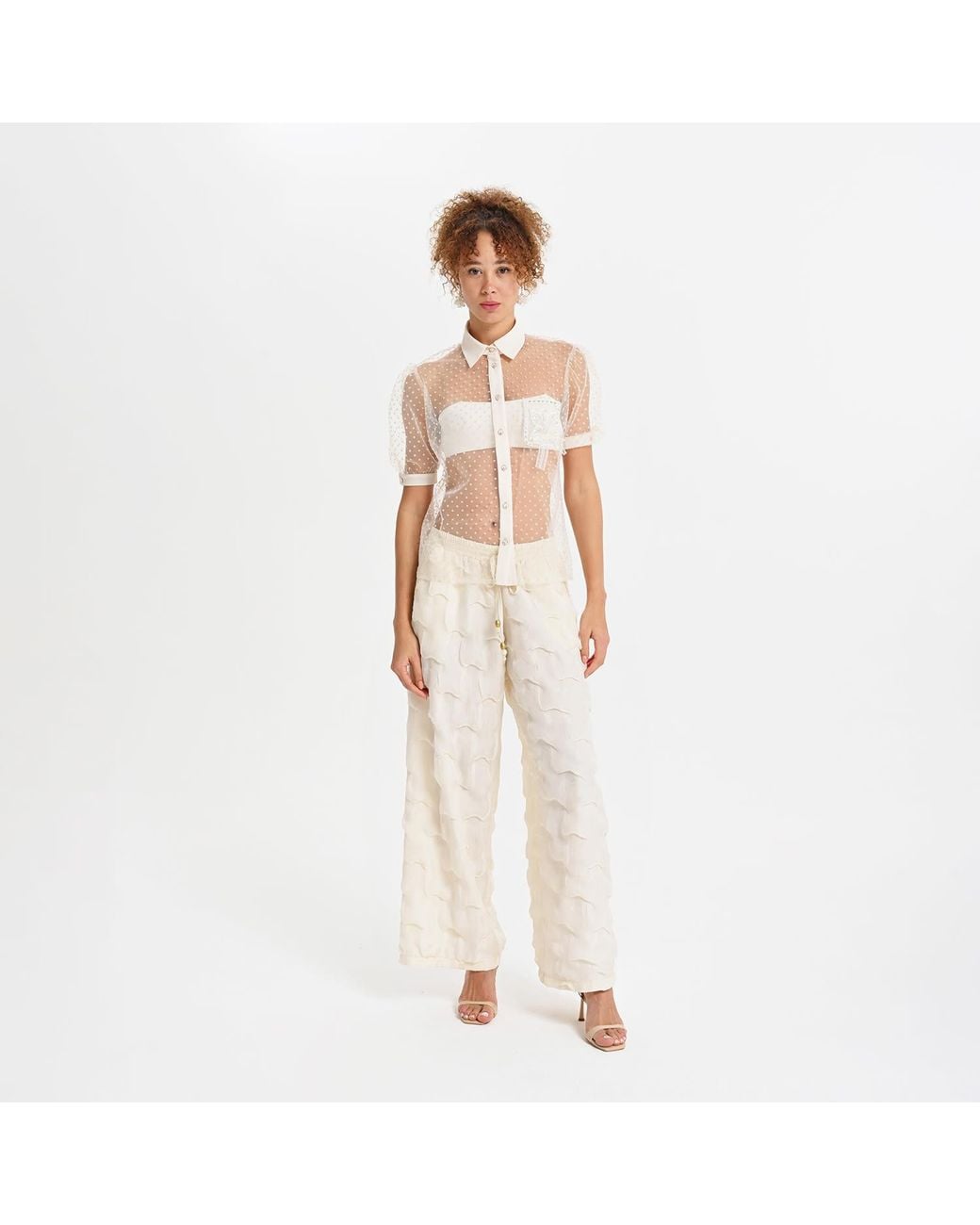 Lalipop Design Pink Neutrals Sheer Polka Dot Shirt With Floral Appliqué