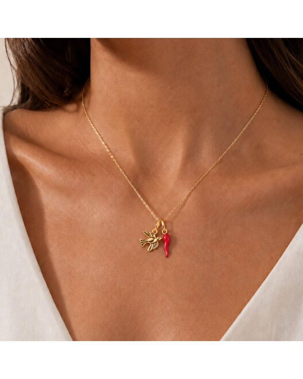Unaloe Metallic Plated Sterling Dove And Cornicello Charm Necklace