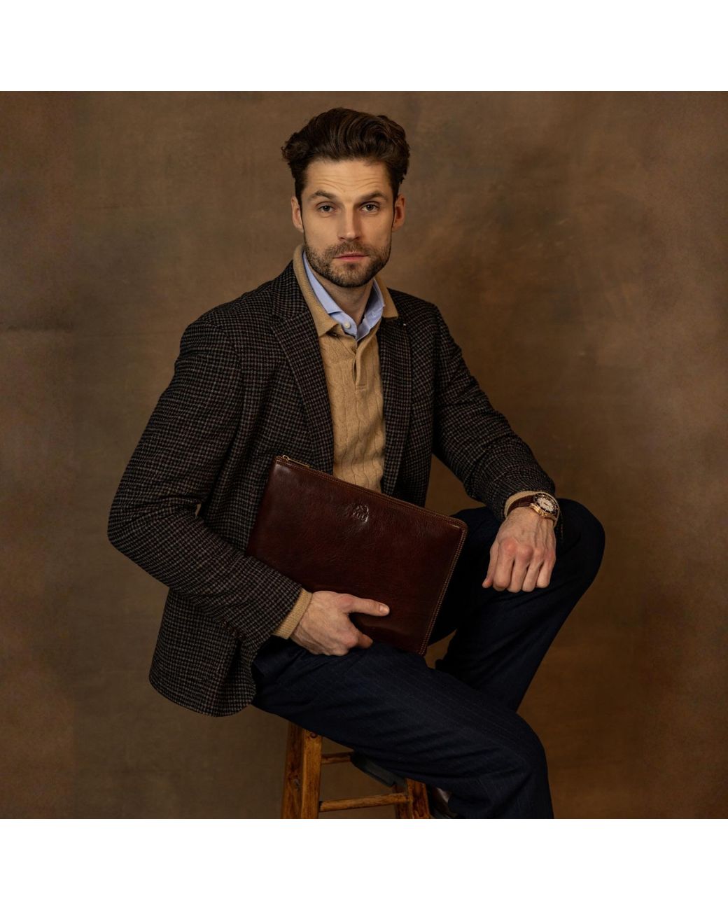 Time Resistance Brown Leather Clutch Purse for men