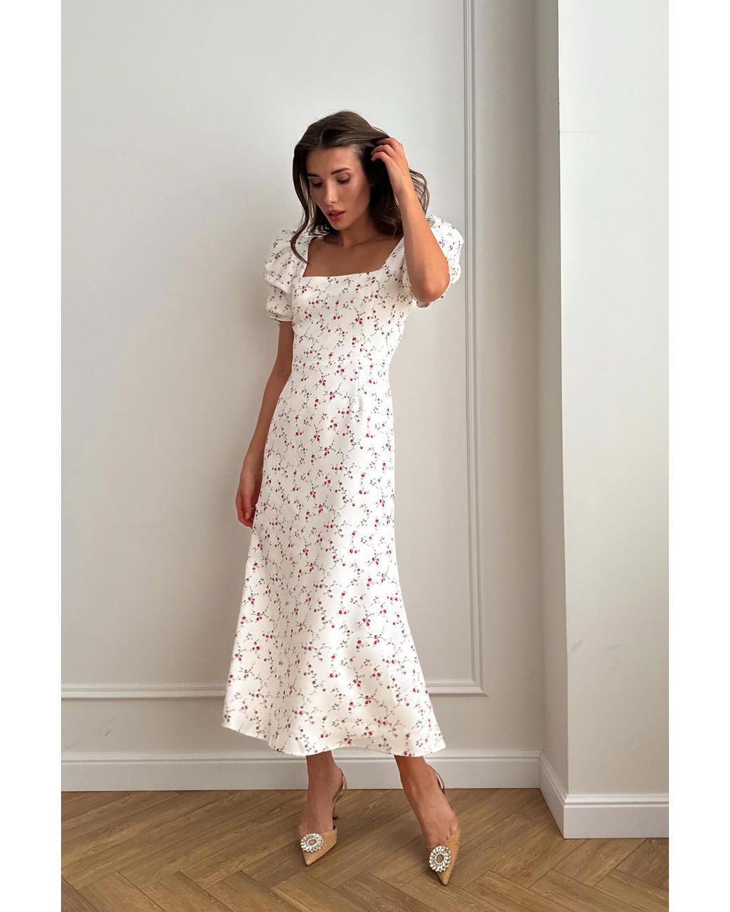 POST MERIDIEM White Raspberries Godet Silhouette Square Neck Midi Dress