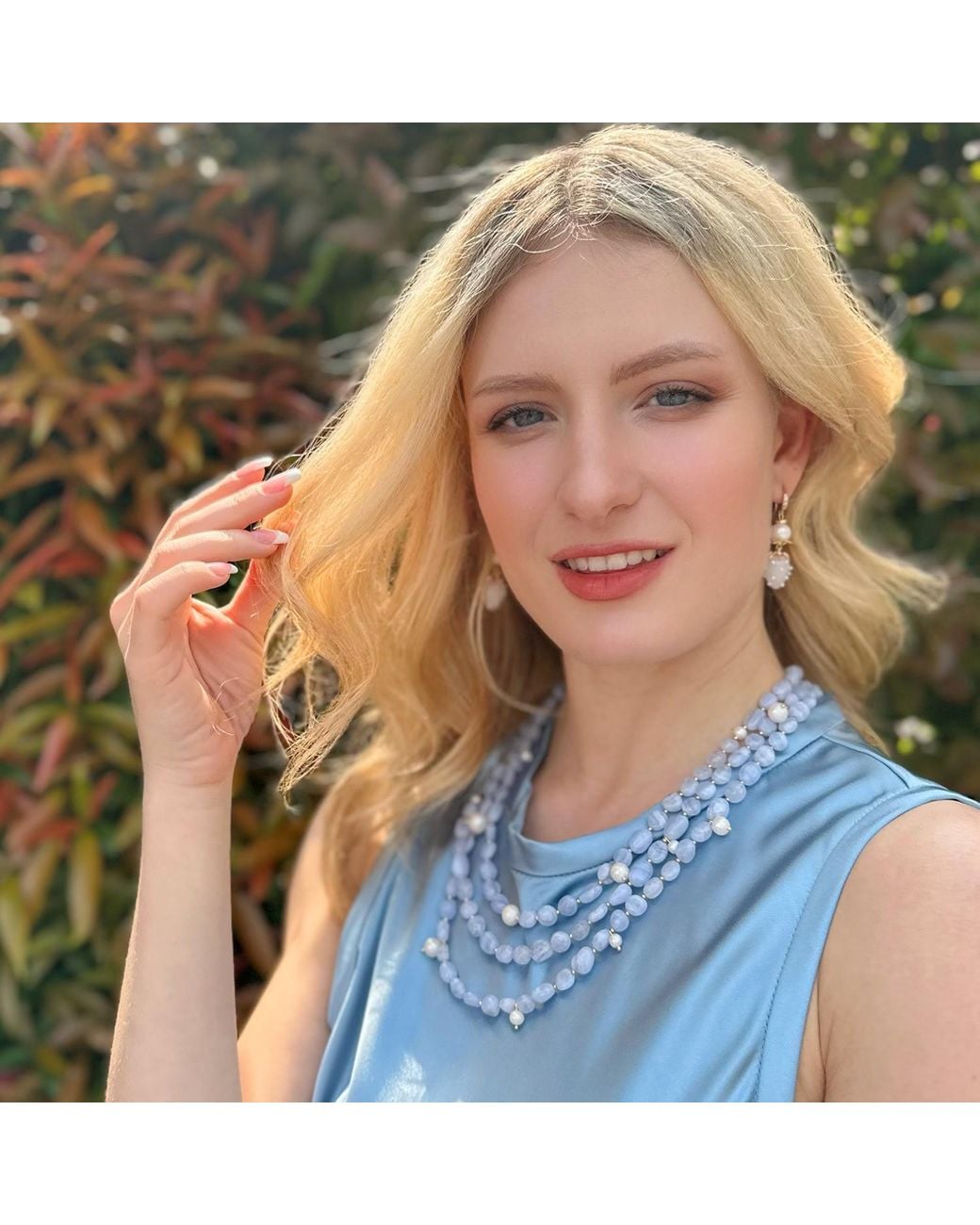 Farra Blue Multi-Layers Lace Agate With Pearls Necklace