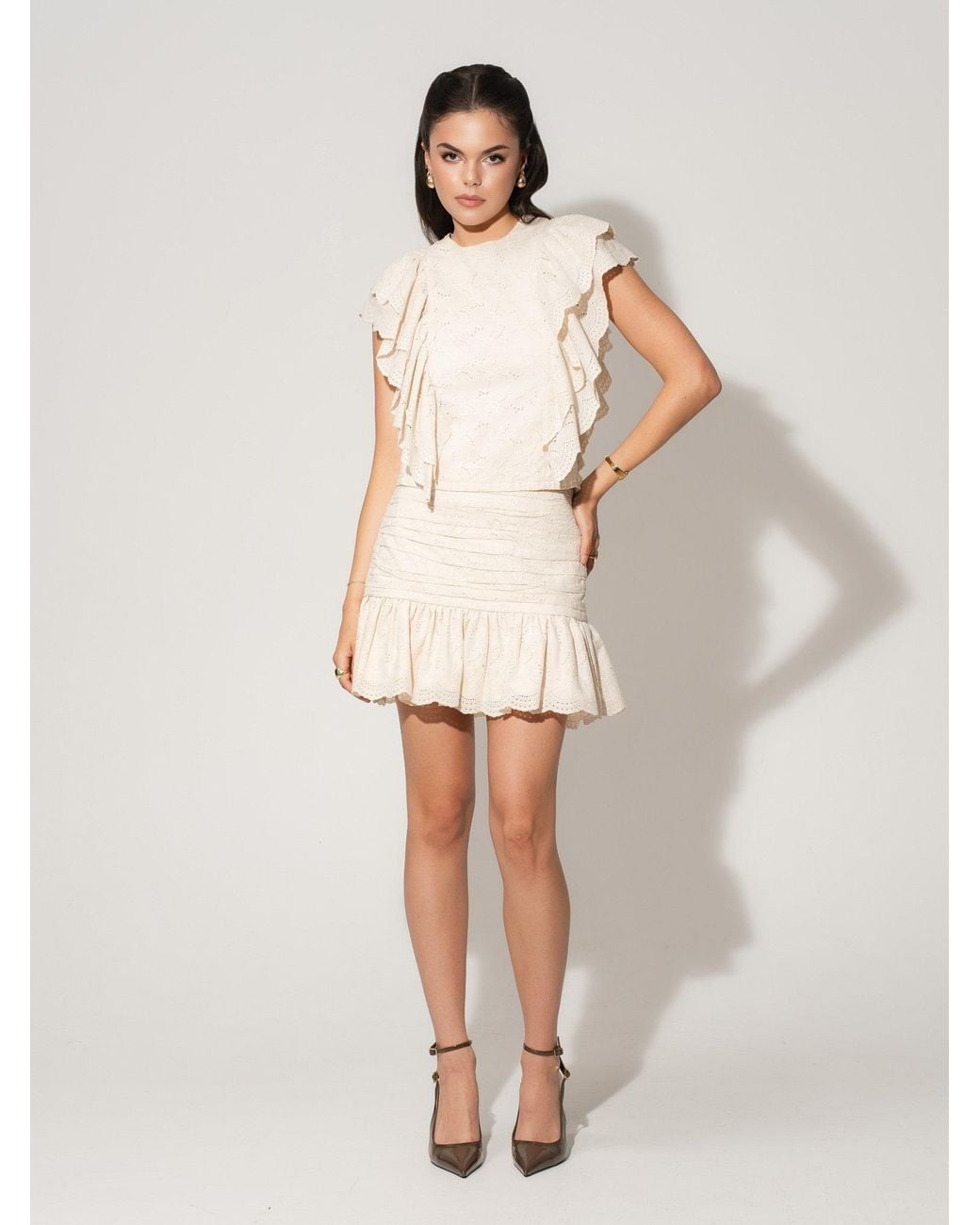 Tia Dorraine Natural Neutrals Ruffled Open Back Top & Ruched Mini Skirt Set