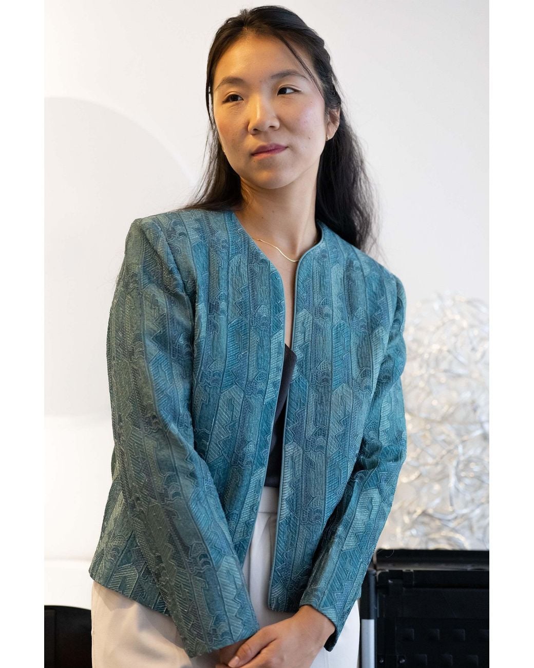 Stovaria Blue Layered & Embroidered Pure Silk Statement Jacket