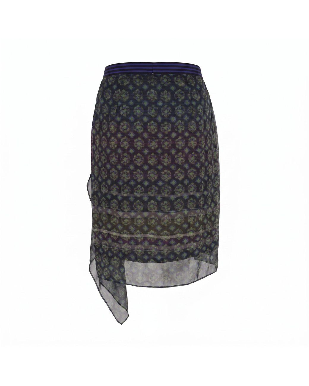 Modenaire Gray Geometric Print Chiffon Midi Skirt With Draped Asymmetric Side Panel