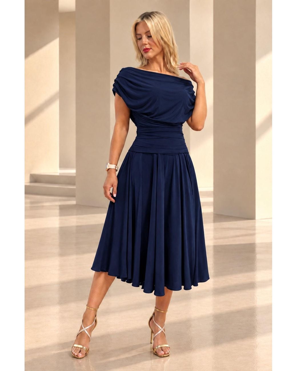 Atom Label Blue Carbon Bardot Tea Regular Length Dress