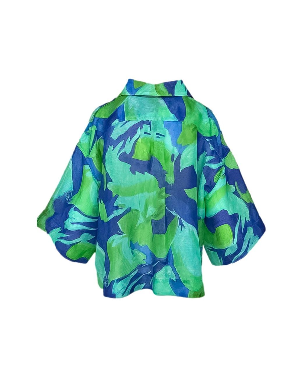 Haris Cotton Green Loose Fit Printed Linen Blend Shirt Lagoon